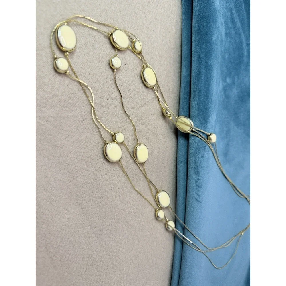 Vintage Avon 1980s Triple Strand Station Necklace Gold Tone Ivory Enamel 29 Inch